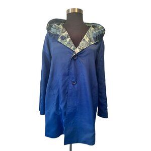 Hooded Rain Coat Blue Button Front Lightweight Jacket